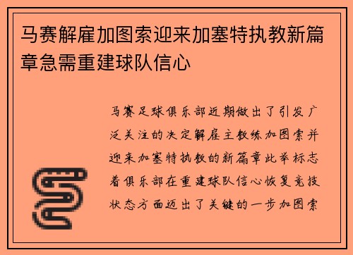 马赛解雇加图索迎来加塞特执教新篇章急需重建球队信心