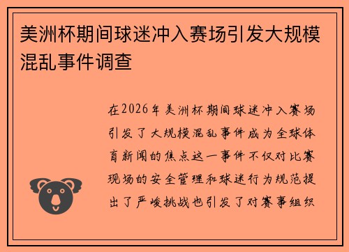 美洲杯期间球迷冲入赛场引发大规模混乱事件调查